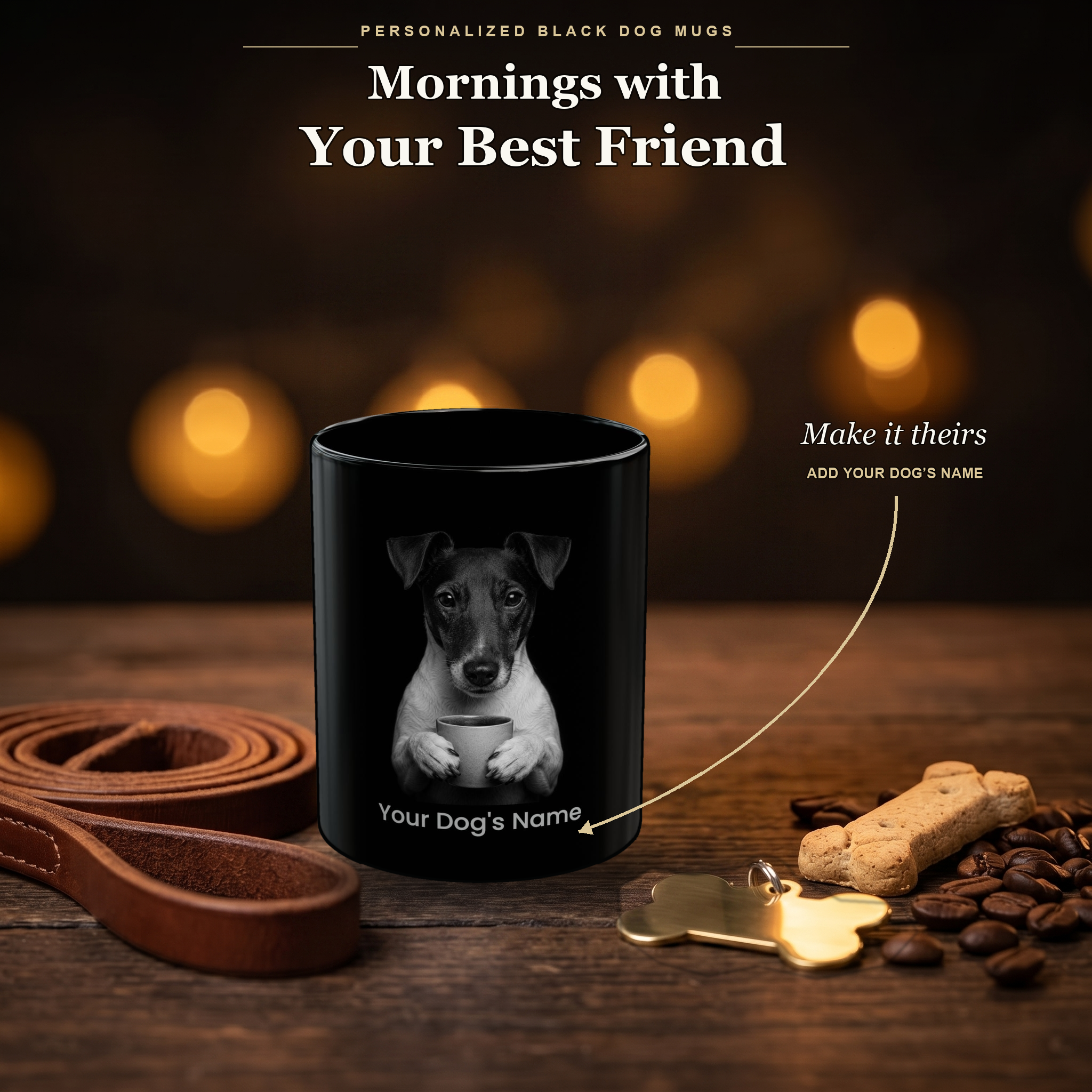 Personalized Smooth Fox Terrier black ceramic mug on dark wood table, front view with no handle