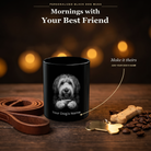 Personalized South Russian Ovcharka black ceramic mug on dark wood table, front view with no handle