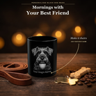 Personalized Standard Schnauzer black ceramic mug on dark wood table, front view with no handle
