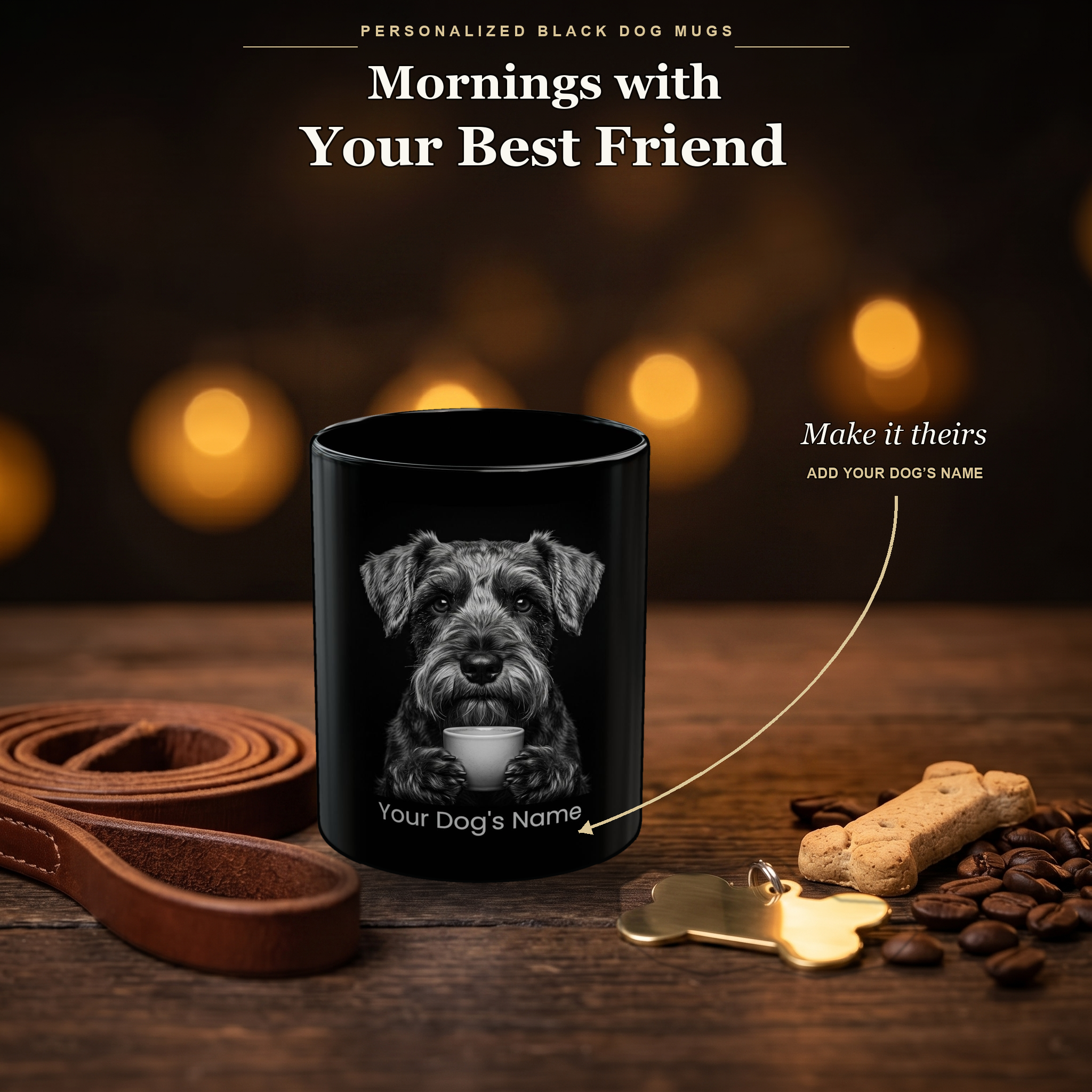 Personalized Standard Schnauzer black ceramic mug on dark wood table, front view with no handle