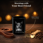 Personalized Texas Heeler black ceramic mug on dark wood table, front view with no handle