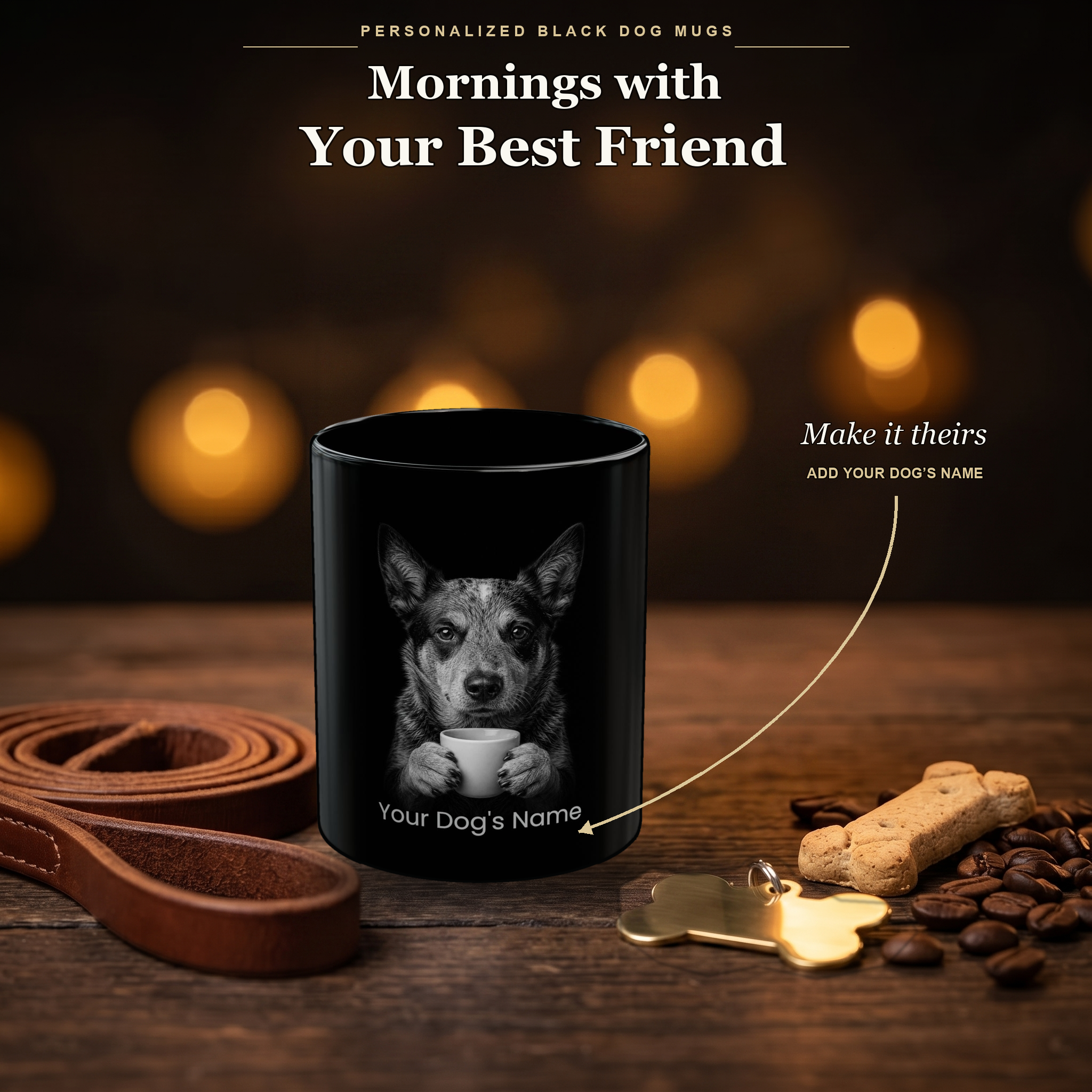 Personalized Texas Heeler black ceramic mug on dark wood table, front view with no handle