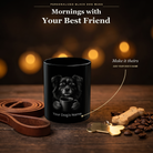 Personalized Tibetan Spaniel black ceramic mug on dark wood table, front view with no handle