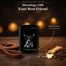 Personalized Toy Fox Terrier black ceramic mug on dark wood table, front view with no handle