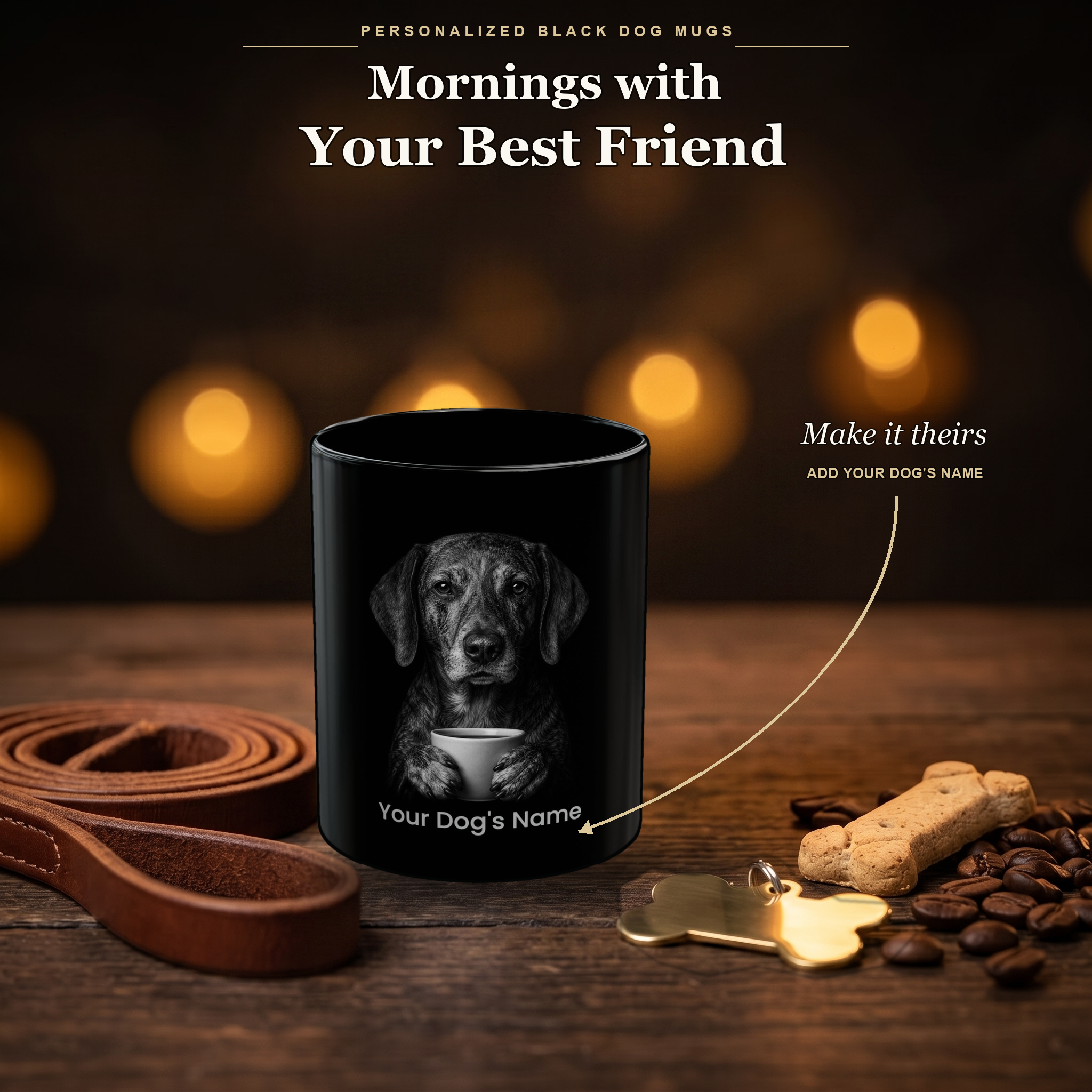 Personalized Treeing Tennessee Brindle black ceramic mug on dark wood table, front view with no handle