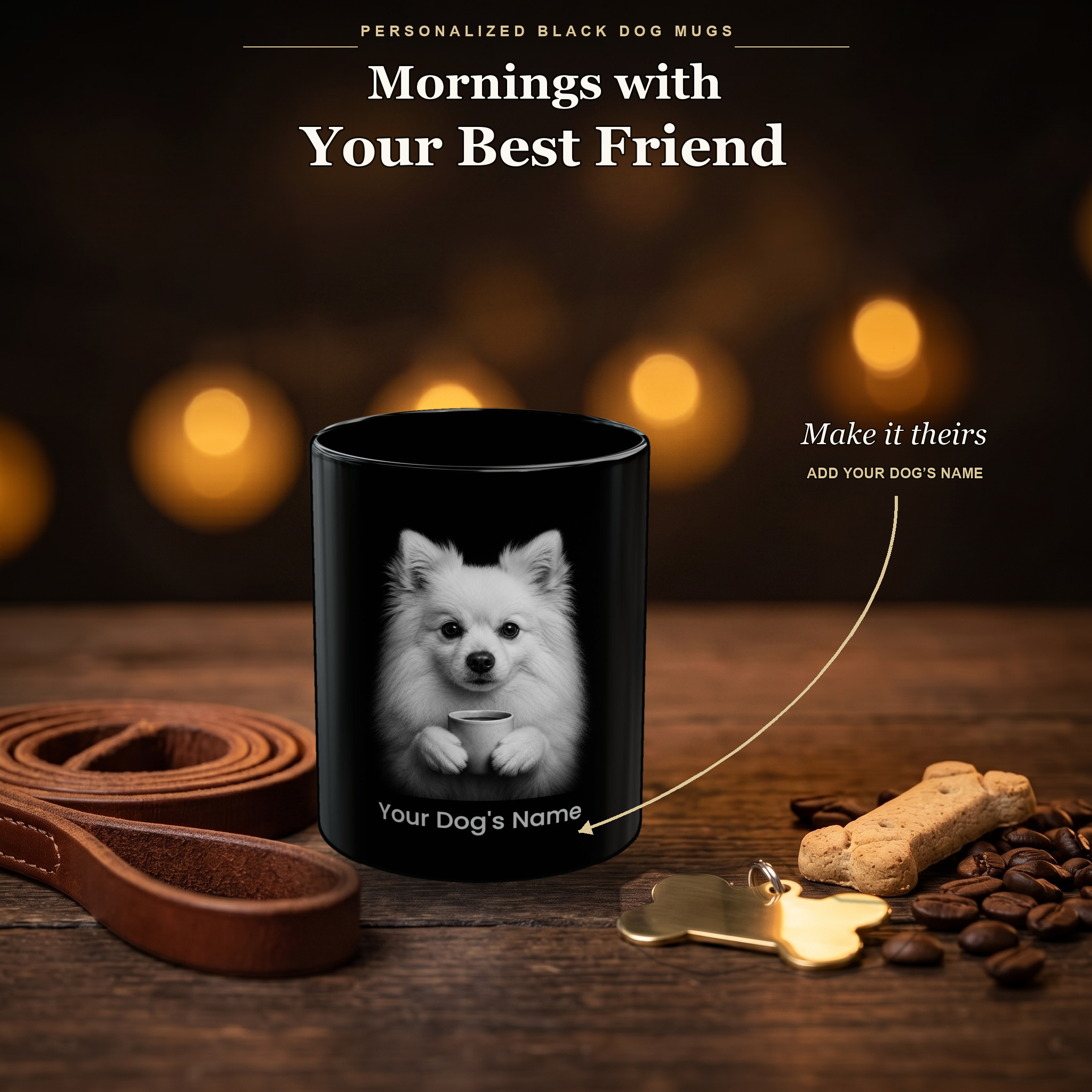 Personalized Volpino Italiano black ceramic mug on dark wood table, front view with no handle