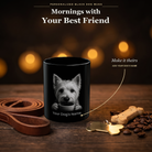 Personalized West Highland White Terrier black ceramic mug on dark wood table, front view with no handle