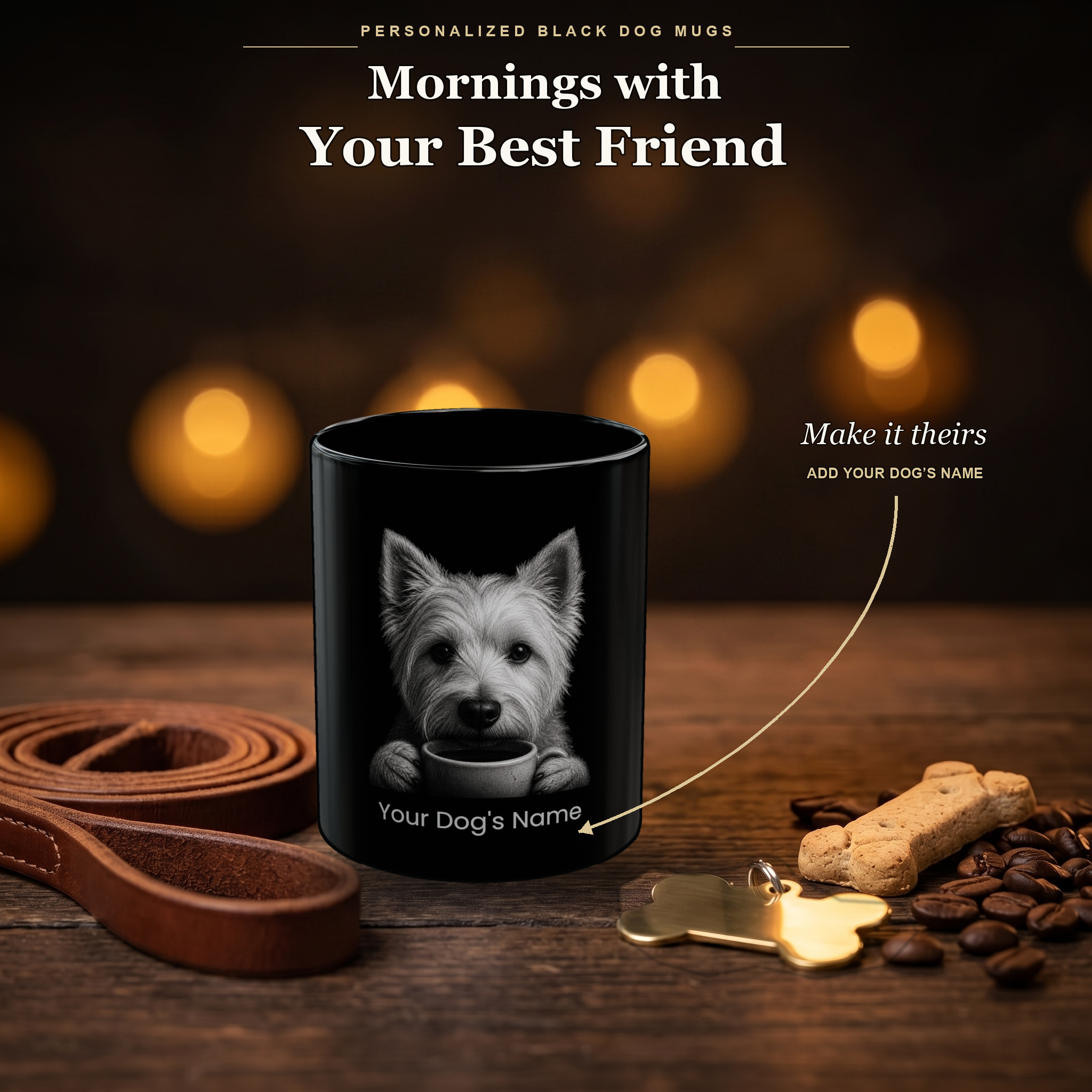 Personalized West Highland White Terrier black ceramic mug on dark wood table, front view with no handle