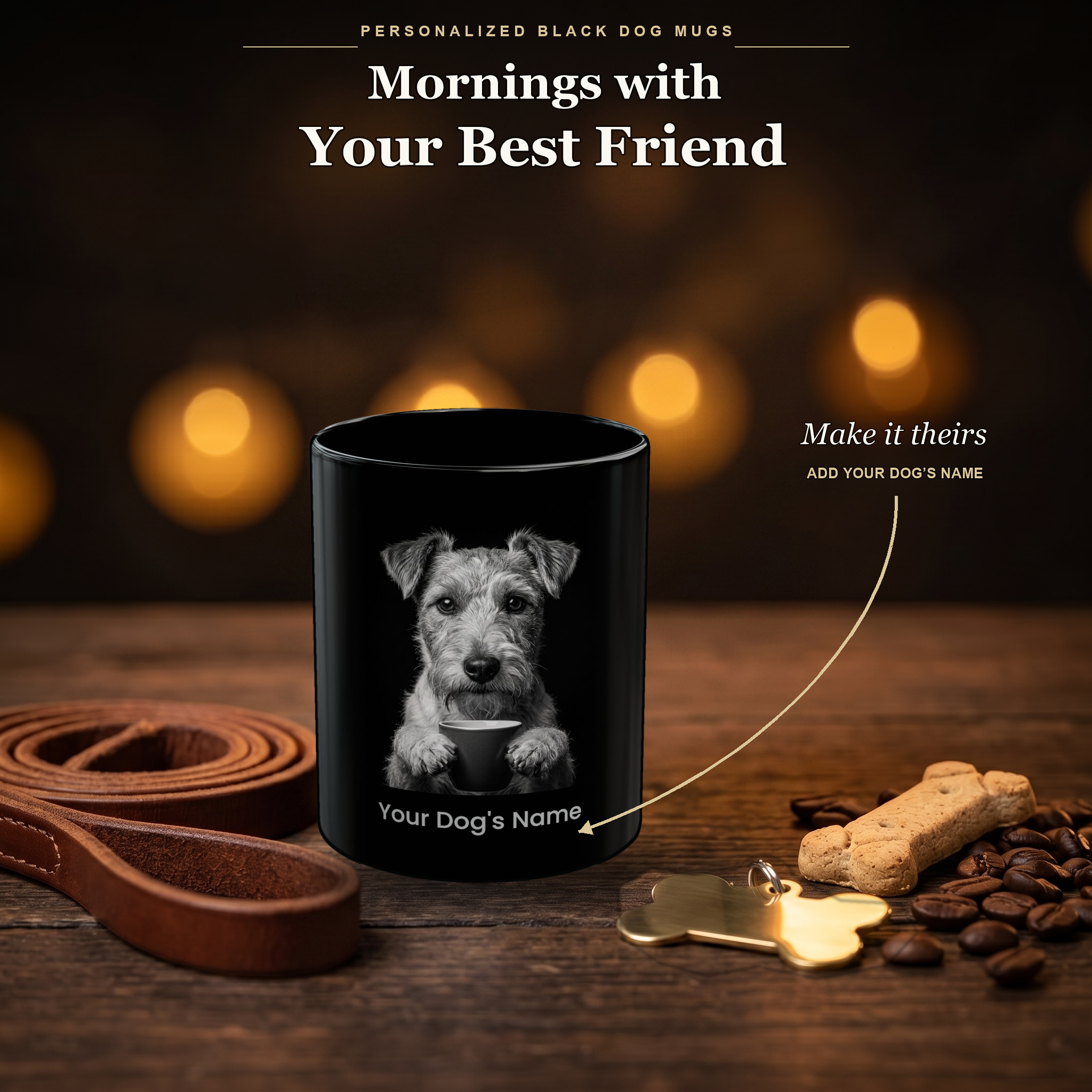 Personalized Wire Fox Terrier black ceramic mug on dark wood table, front view with no handle