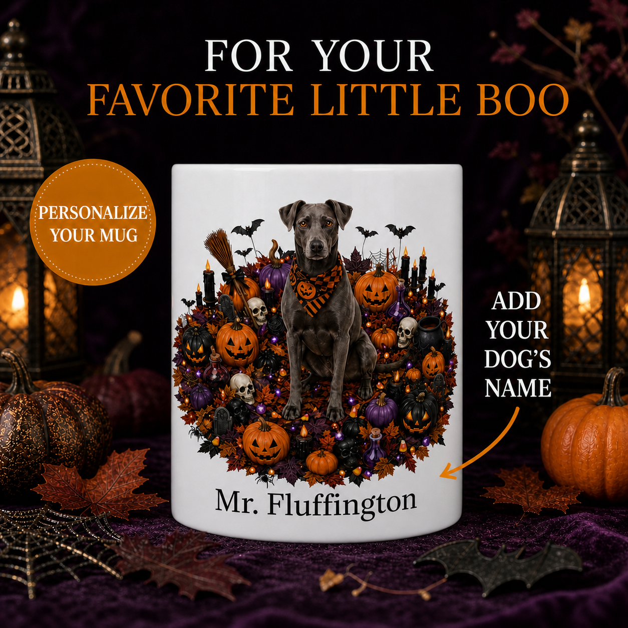 Personalized Blue Lacy Halloween Mug – Custom Dog Name Gift – front view with no handle