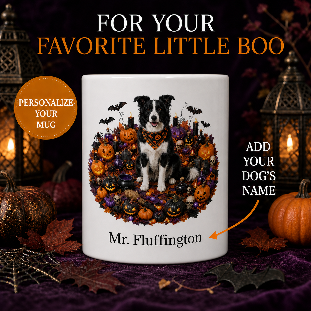 Personalized Border Collie Halloween Mug – Custom Dog Name Gift – front view with no handle