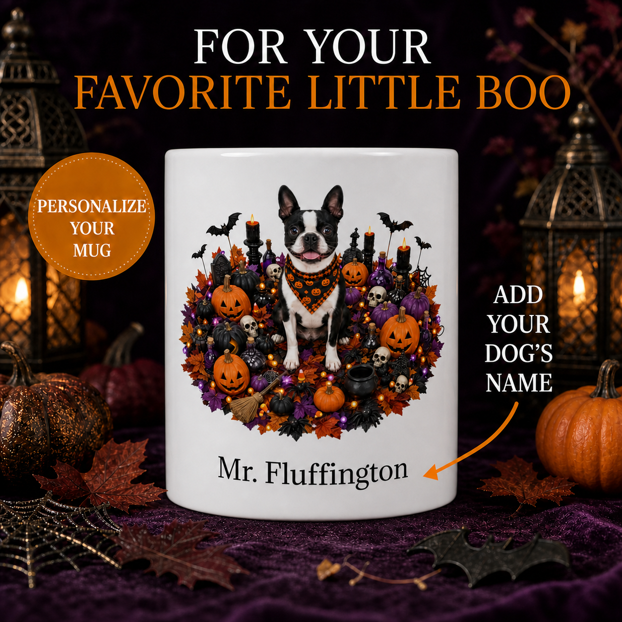 Personalized Boston Terrier Halloween Mug – Custom Dog Name Gift – front view with no handle