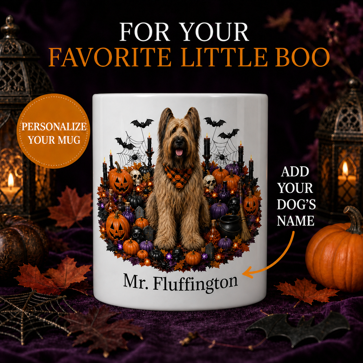 Personalized Briard Halloween Mug – Custom Dog Name Gift – front view with no handle