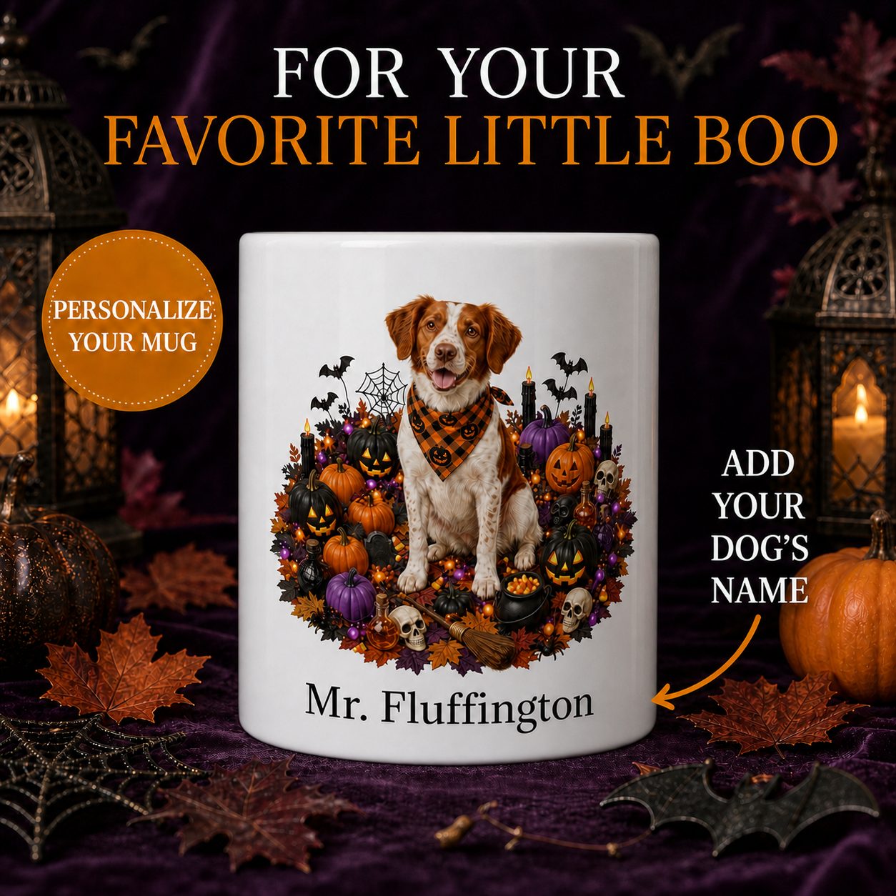 Personalized Brittany Halloween Mug – Custom Dog Name Gift – front view with no handle