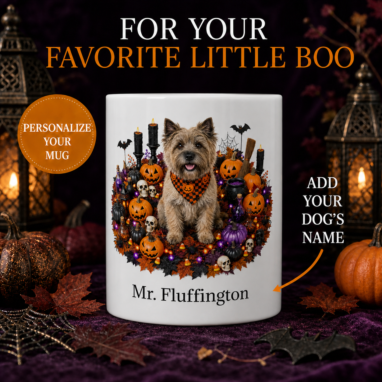 Personalized Cairn Terrier Halloween Mug – Custom Dog Name Gift – front view with no handle