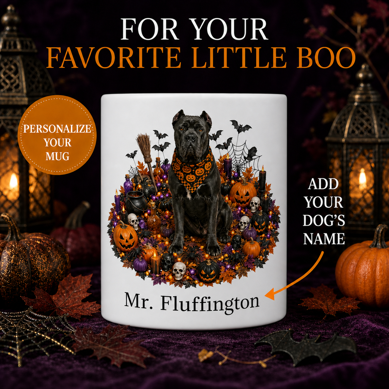 Personalized Cane Corso Halloween Mug – Custom Dog Name Gift – front view with no handle