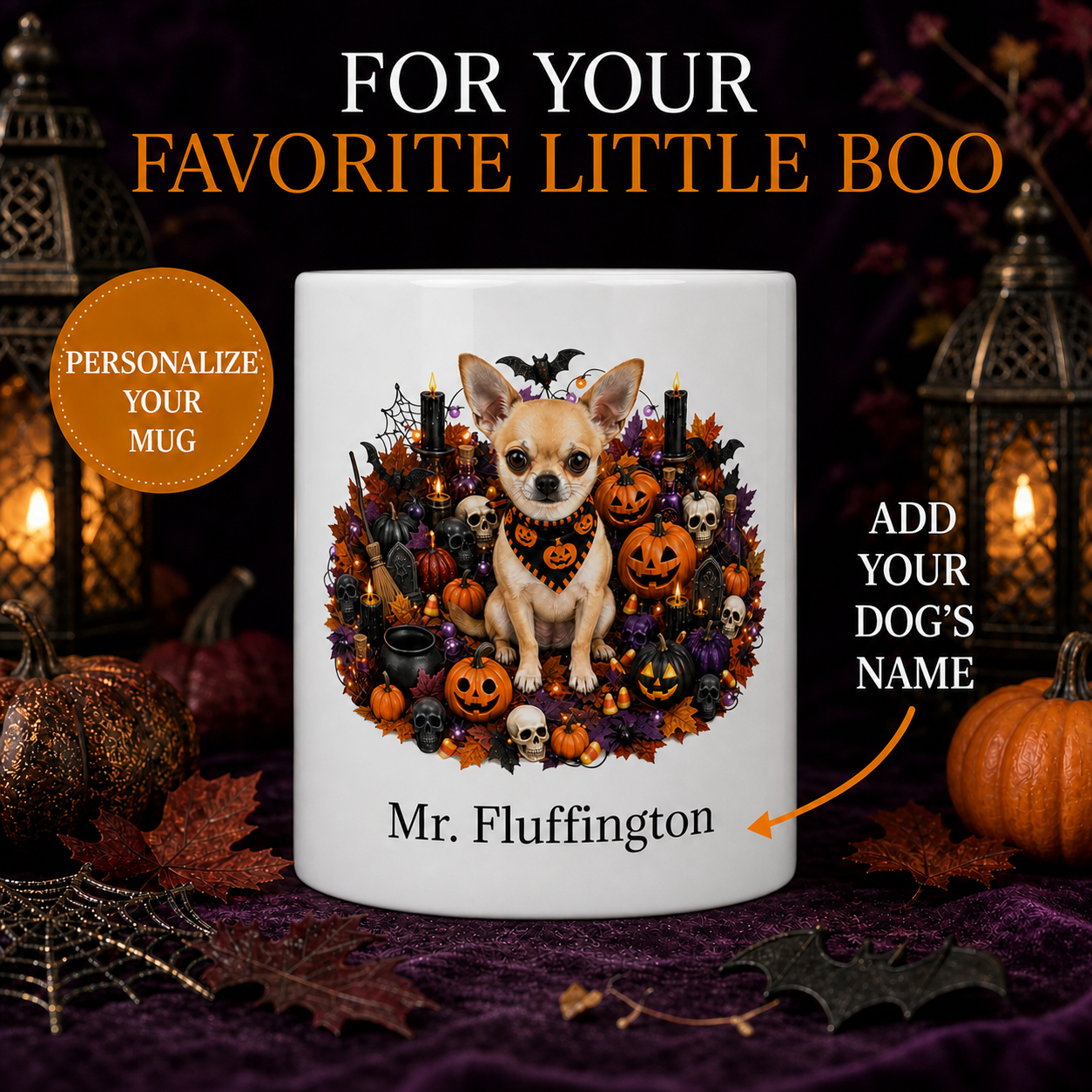 Personalized Chihuahua Halloween Mug – Custom Dog Name Gift – front view with no handle