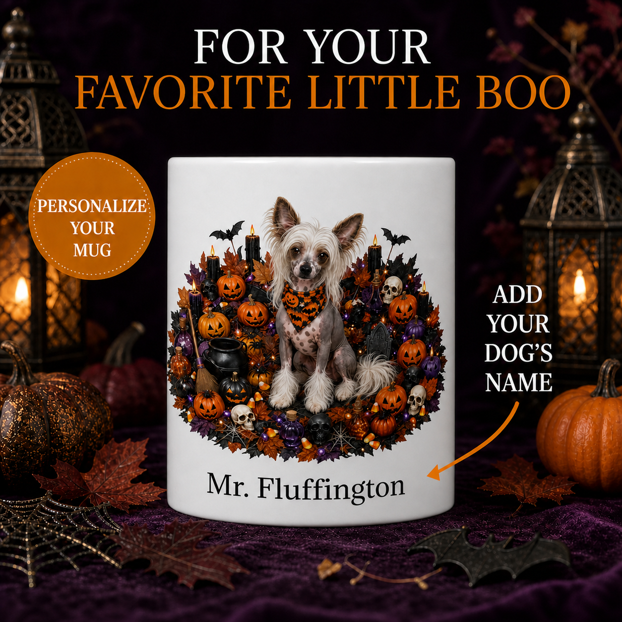 Personalized Chinese Crested Halloween Mug – Custom Dog Name Gift – front view with no handle