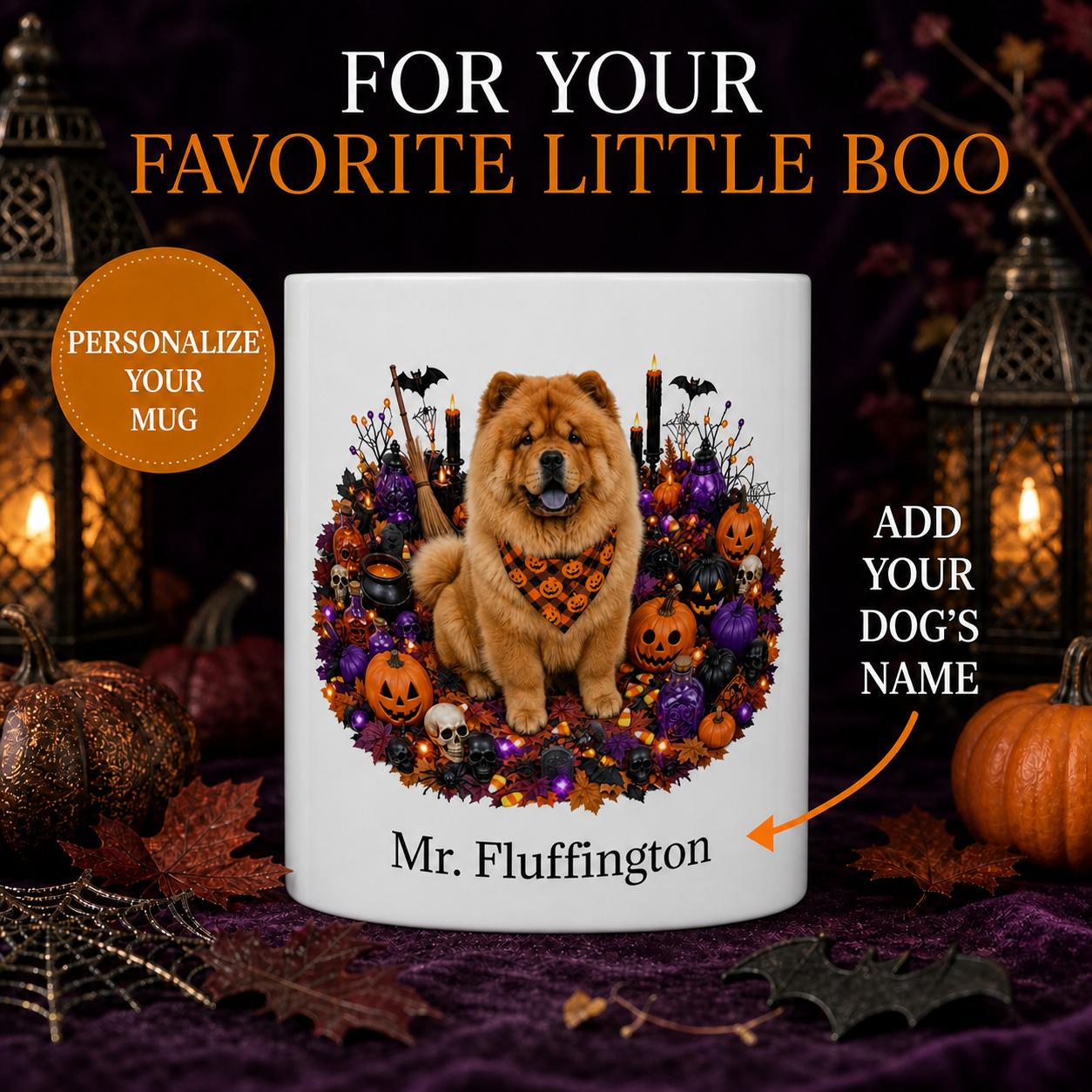 Personalized Chow Chow Halloween Mug – Custom Dog Name Gift – front view with no handle