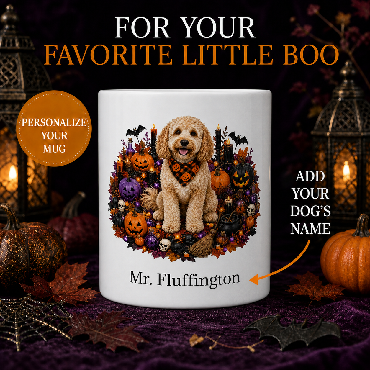 Personalized Cockapoo Halloween Mug – Custom Dog Name Gift – front view with no handle