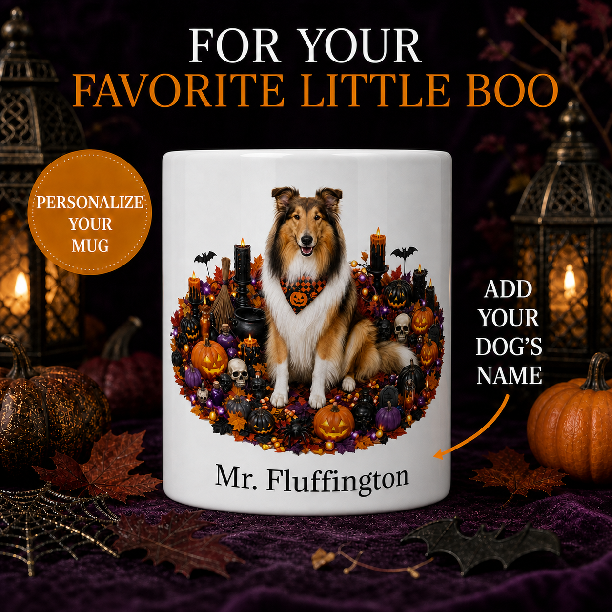 Personalized Collie Halloween Mug – Custom Dog Name Gift – front view with no handle