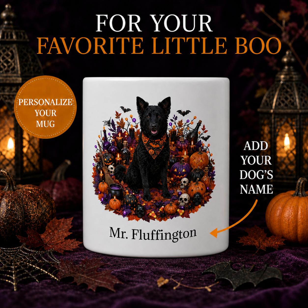 Personalized Croatian Sheepdog Halloween Mug – Custom Dog Name Gift – front view with no handle