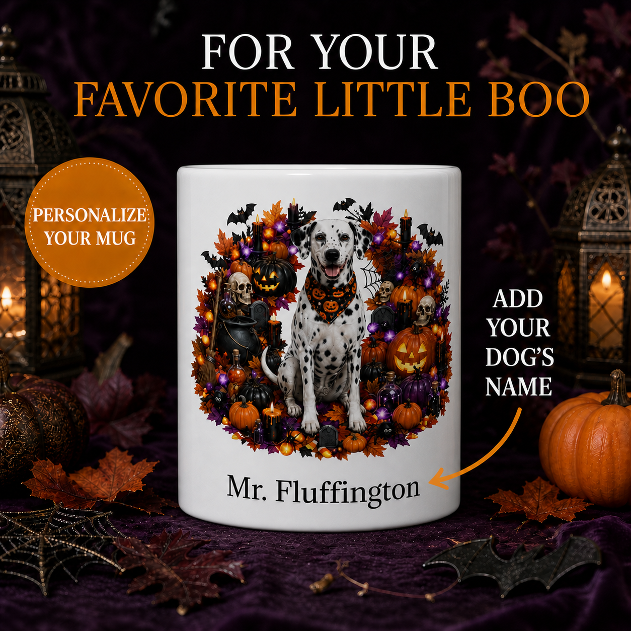 Personalized Dalmatian Halloween Mug – Custom Dog Name Gift – front view with no handle