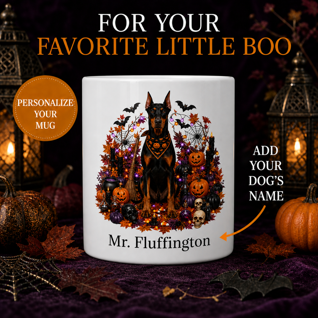 Personalized Doberman Pinscher Halloween Mug – Custom Dog Name Gift – front view with no handle