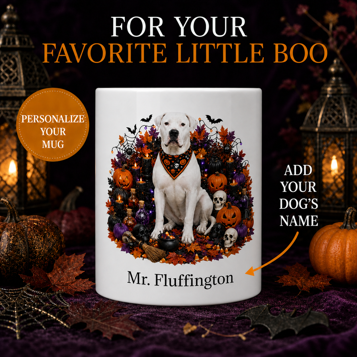 Personalized Dogo Argentino Halloween Mug – Custom Dog Name Gift – front view with no handle