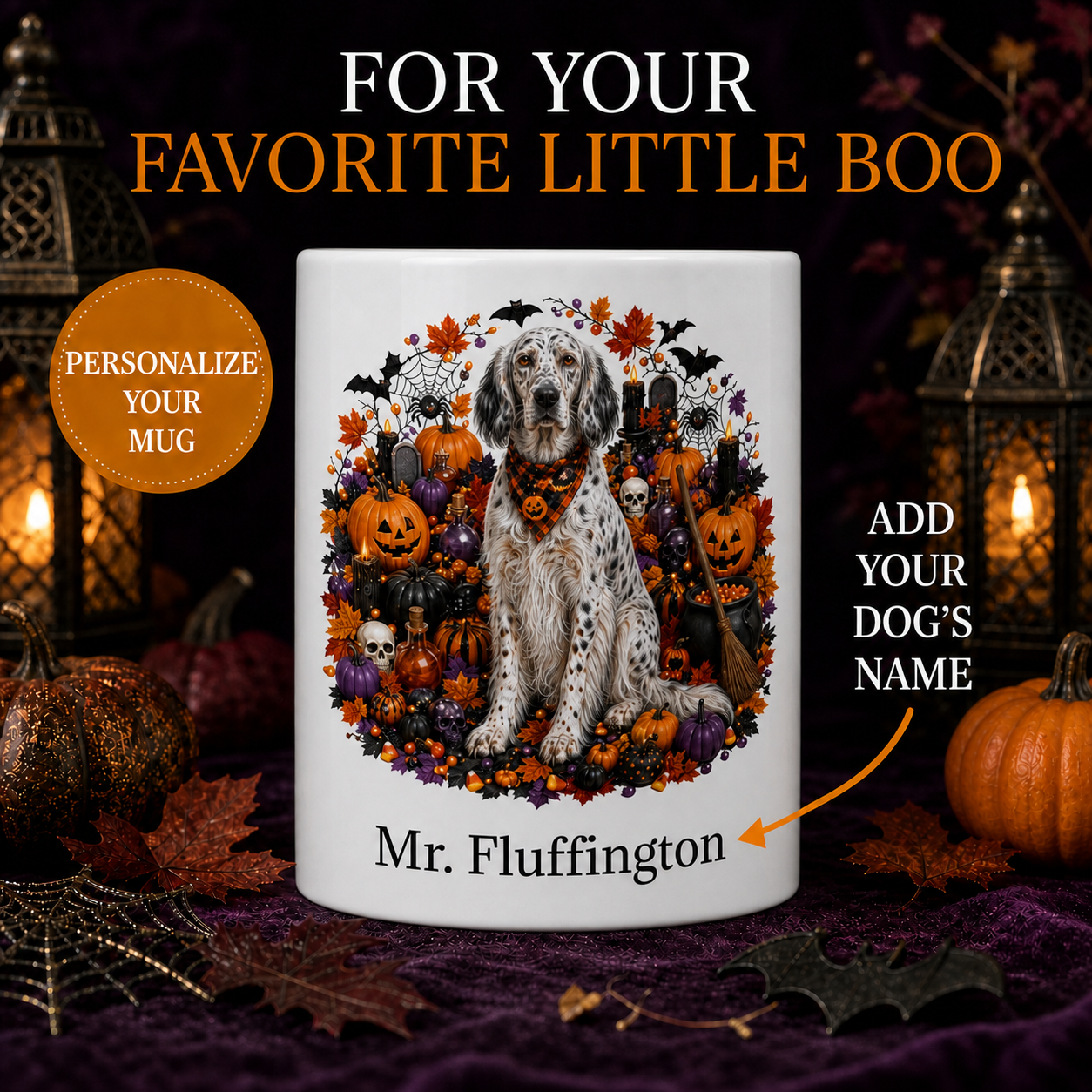 Personalized English Setter Halloween Mug – Custom Dog Name Gift – front view with no handle