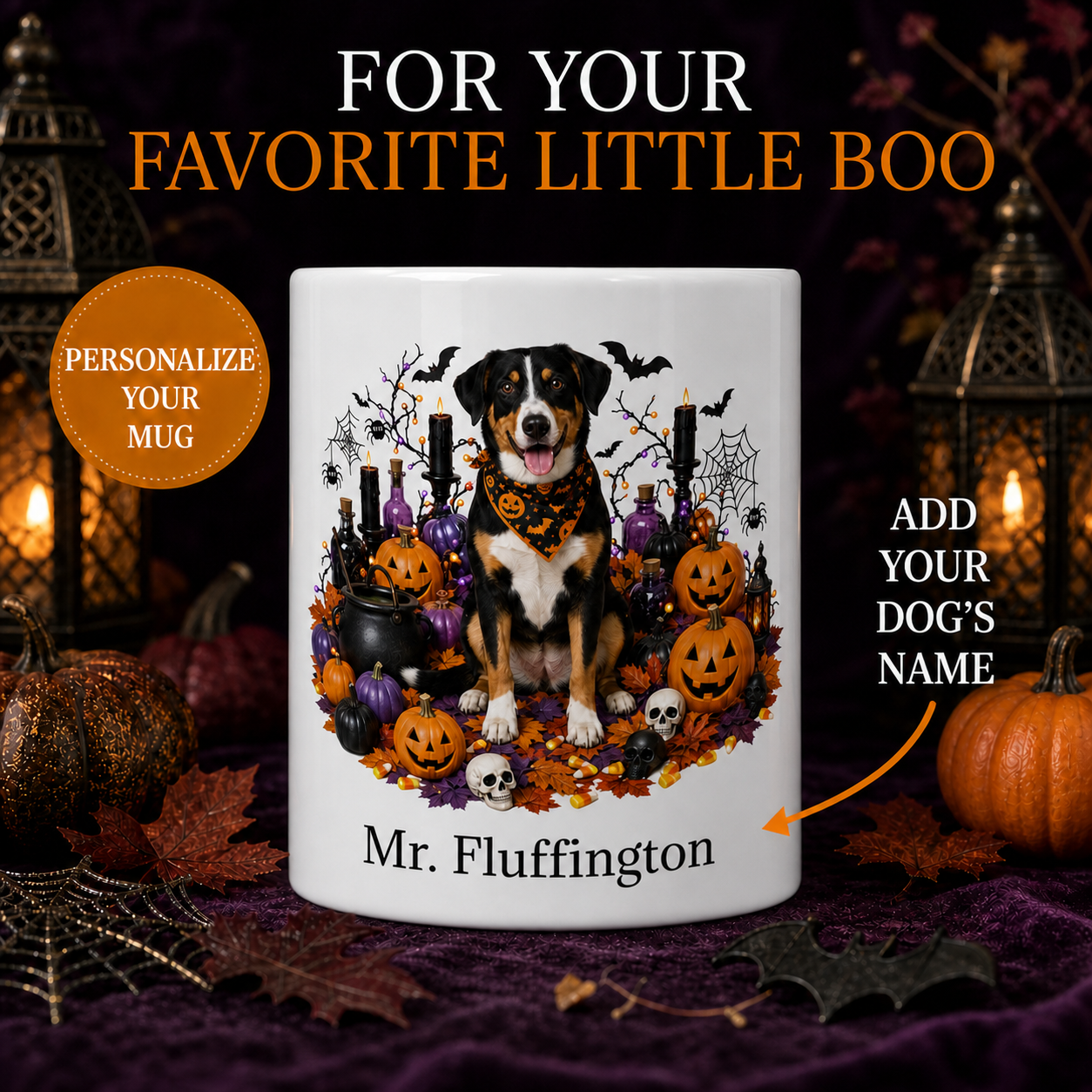 Personalized Entlebucher Mountain Halloween Mug – Custom Dog Name Gift – front view with no handle
