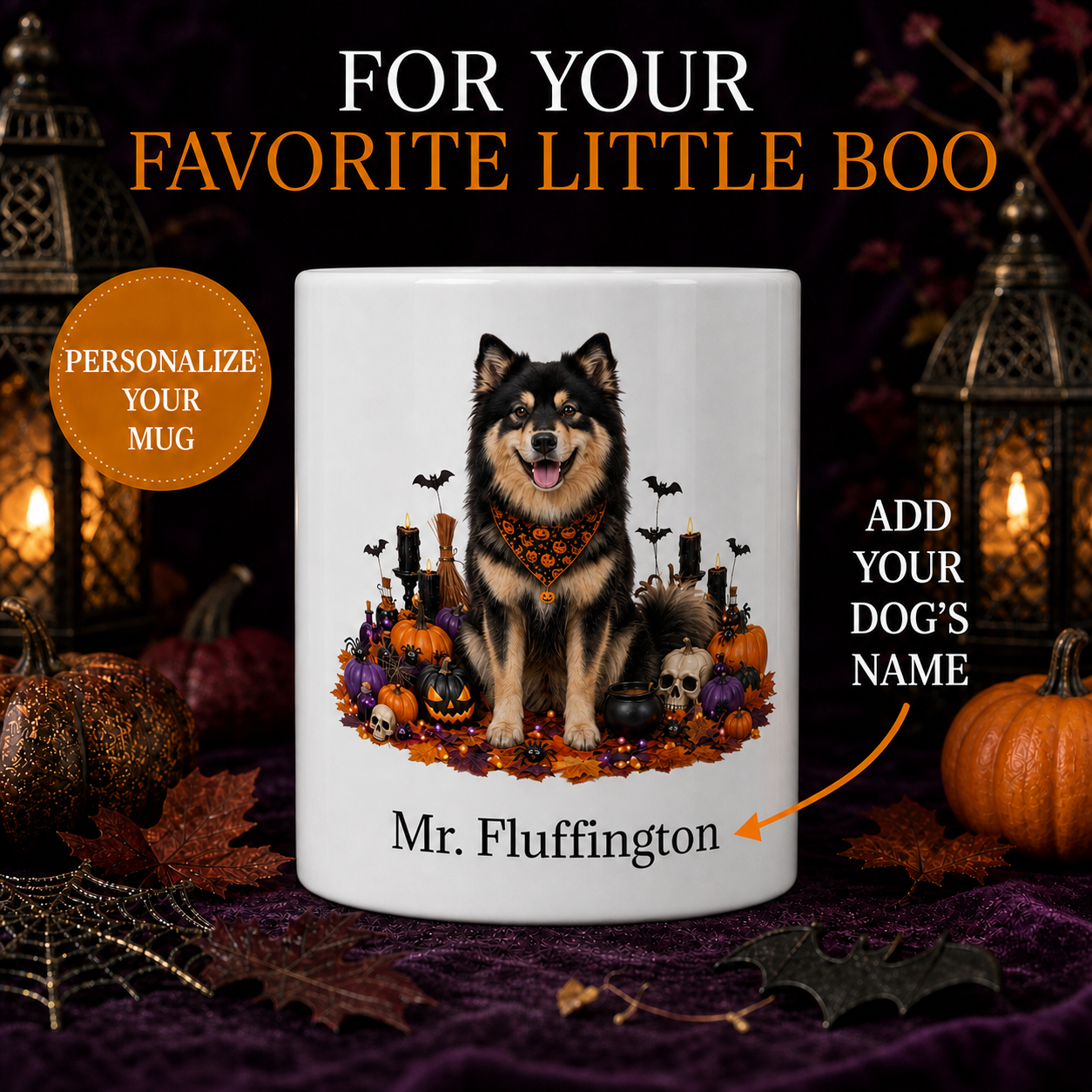 Personalized Finnish Lapphund Halloween Mug – Custom Dog Name Gift – front view with no handle
