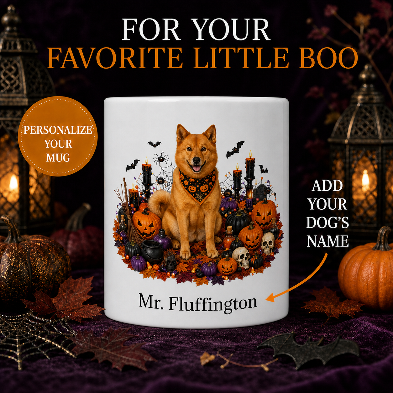 Personalized Finnish Spitz Halloween Mug – Custom Dog Name Gift – front view with no handle