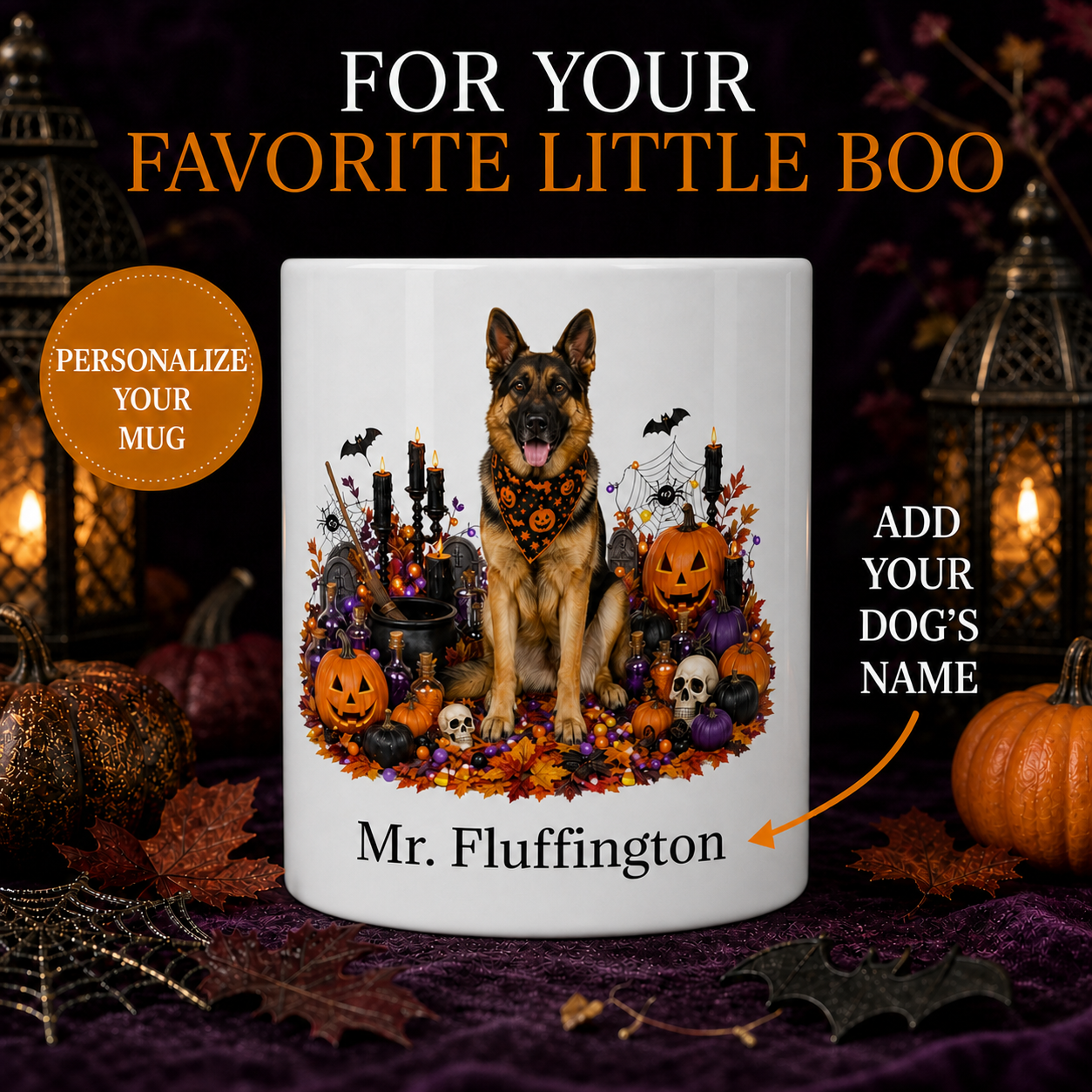 Personalized German Shepherd Halloween Mug – Custom Dog Name Gift – front view with no handle
