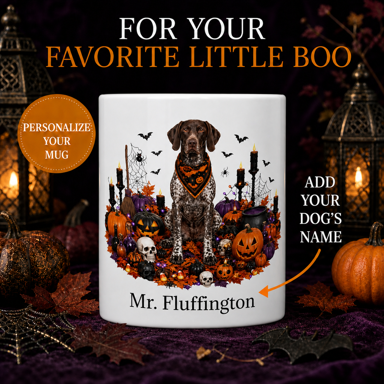 Personalized German Shorthaired Pointer Halloween Mug – front view with no handle