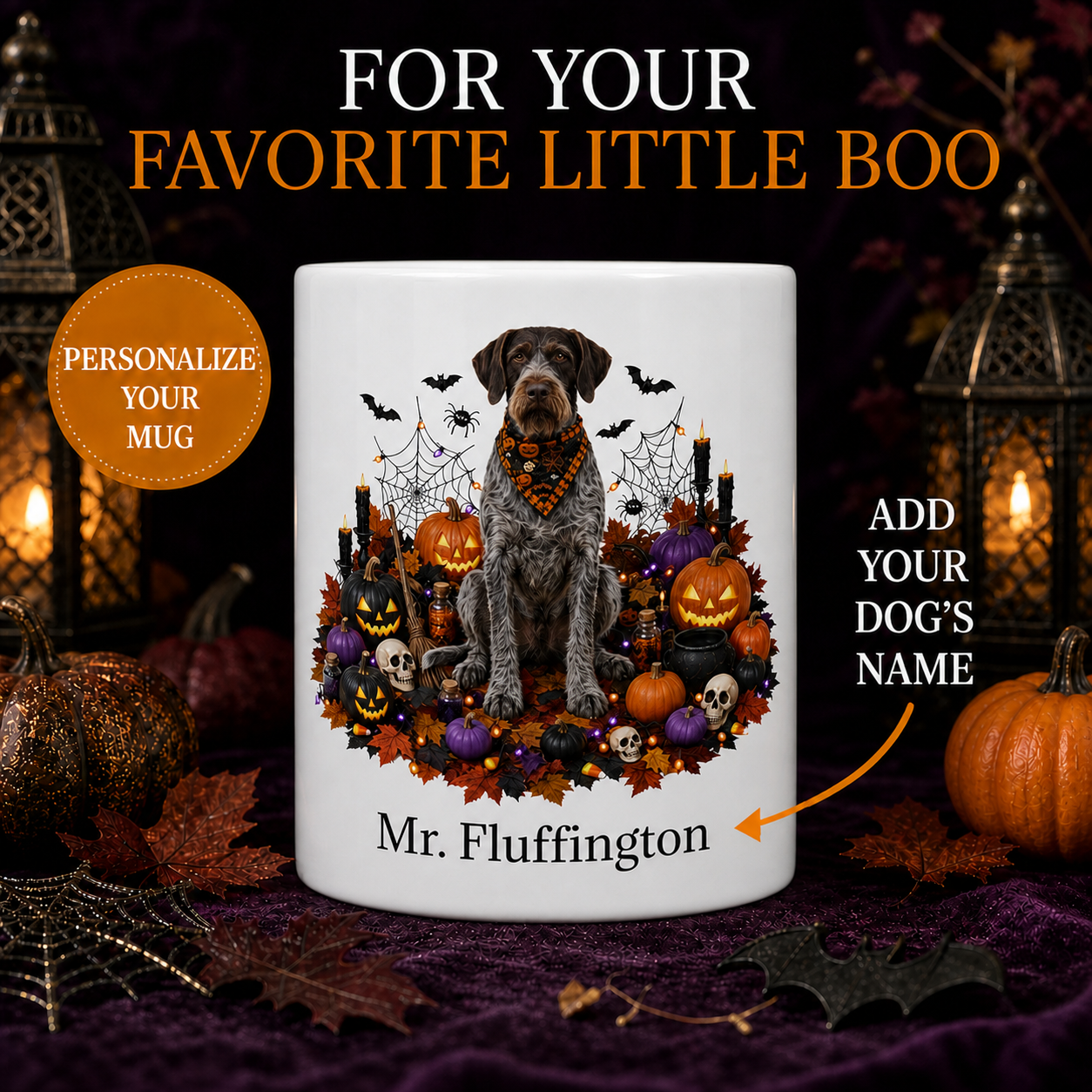 Personalized German Wirehaired Pointer Halloween Mug – front view with no handle