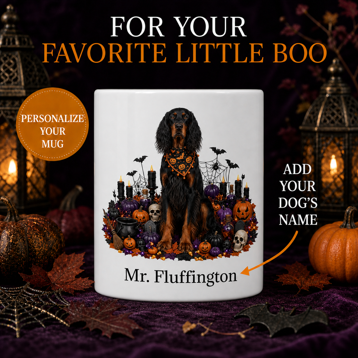 Personalized Gordon Setter Halloween Mug – Custom Dog Name Gift – front view with no handle
