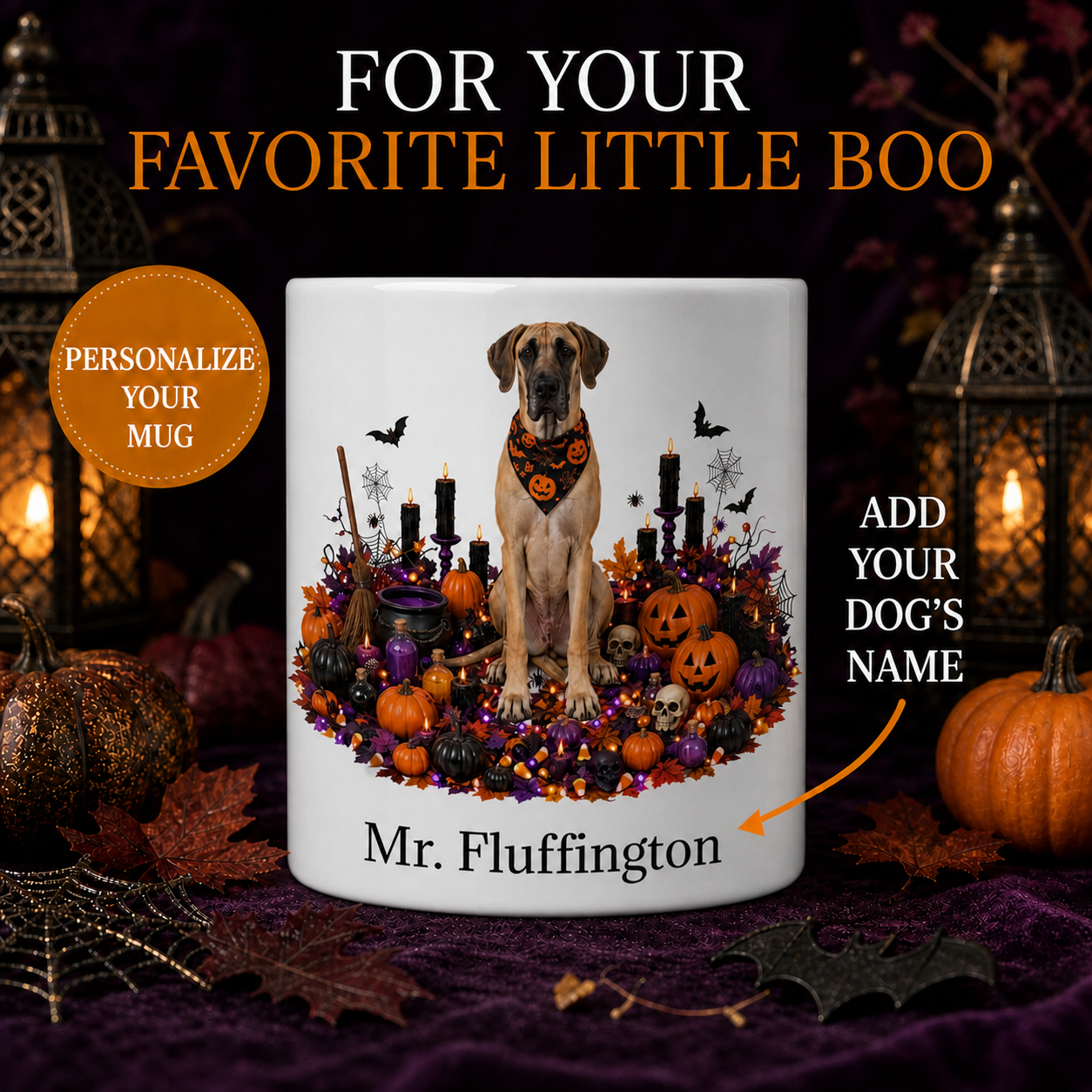 Personalized Great Dane Halloween Mug – Custom Dog Name Gift – front view with no handle