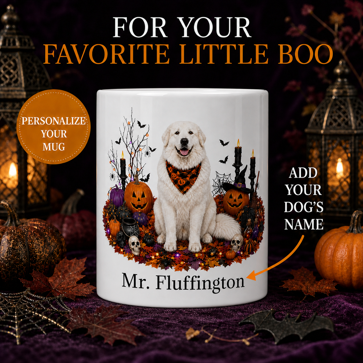 Personalized Great Pyrenees Halloween Mug – Custom Dog Name Gift – front view with no handle