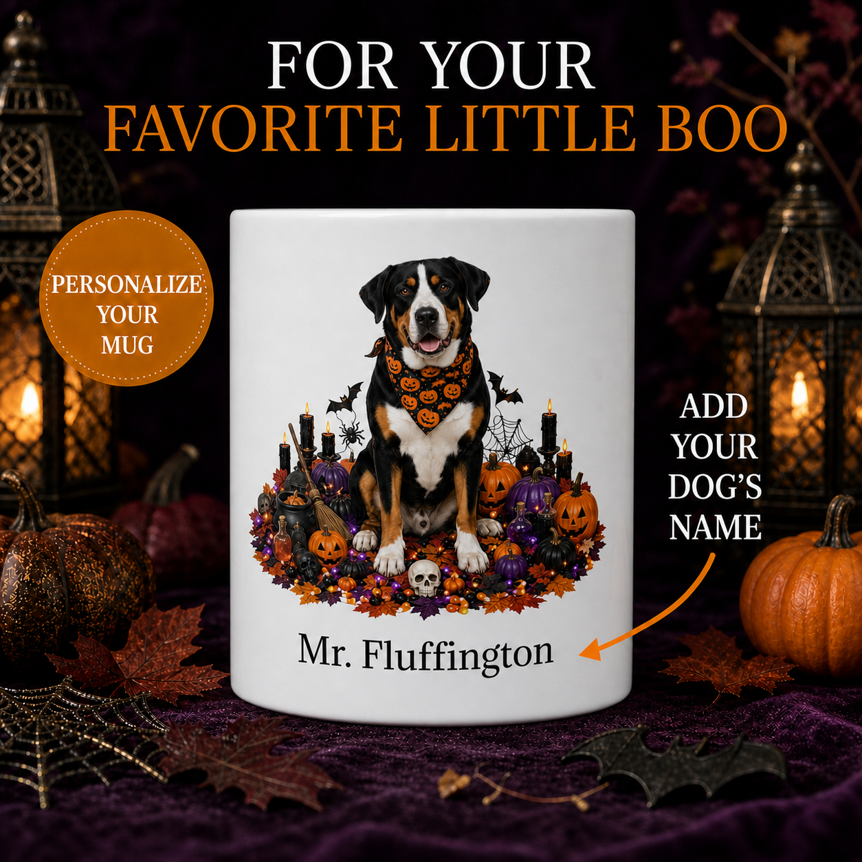 Personalized Greater Swiss Mountain Halloween Mug – Custom Name Gift – front view with no handle