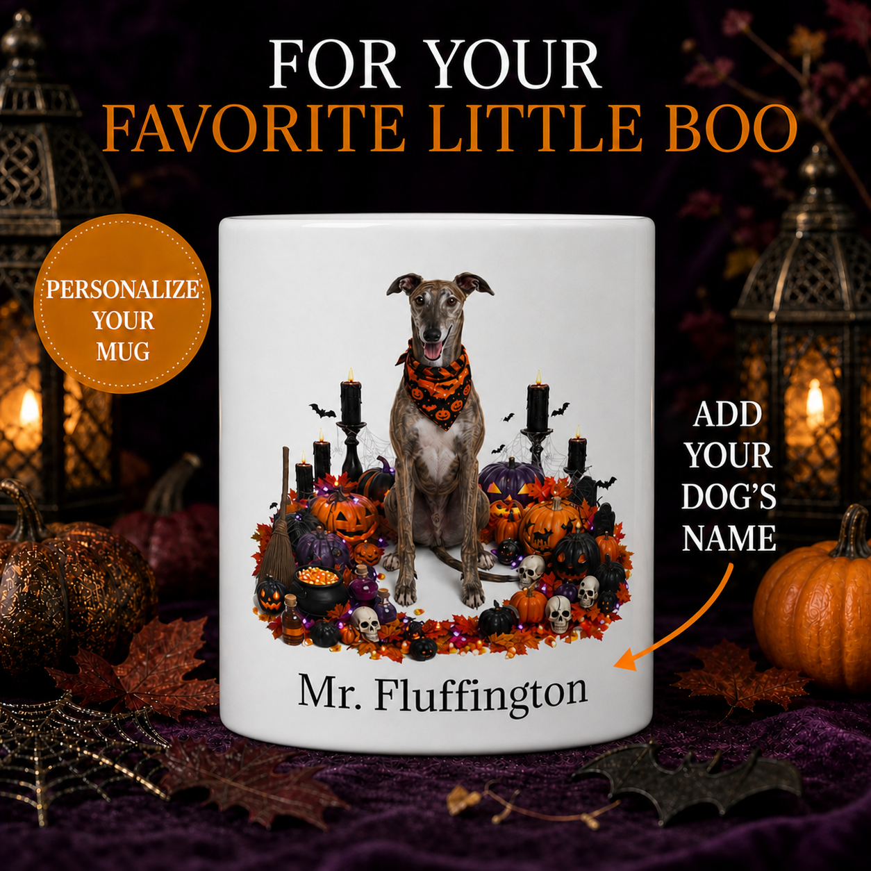 Personalized Greyhound Halloween Mug – Custom Dog Name Gift – front view with no handle