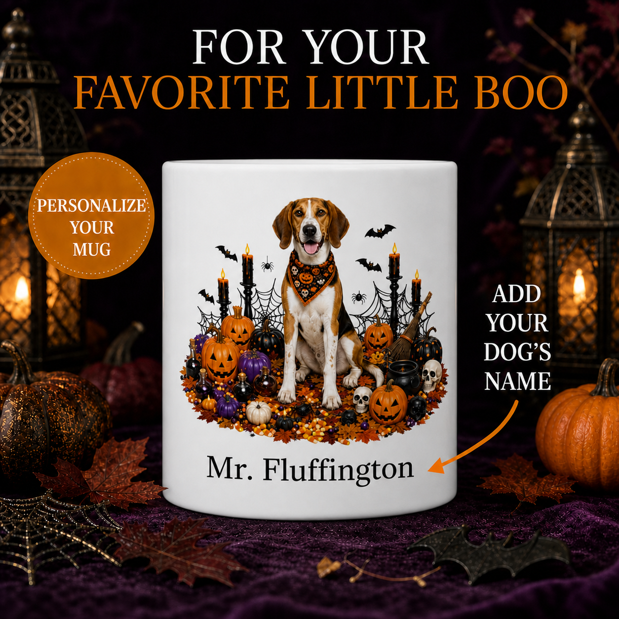 Personalized Harrier Halloween Mug – Custom Dog Name Gift – front view with no handle