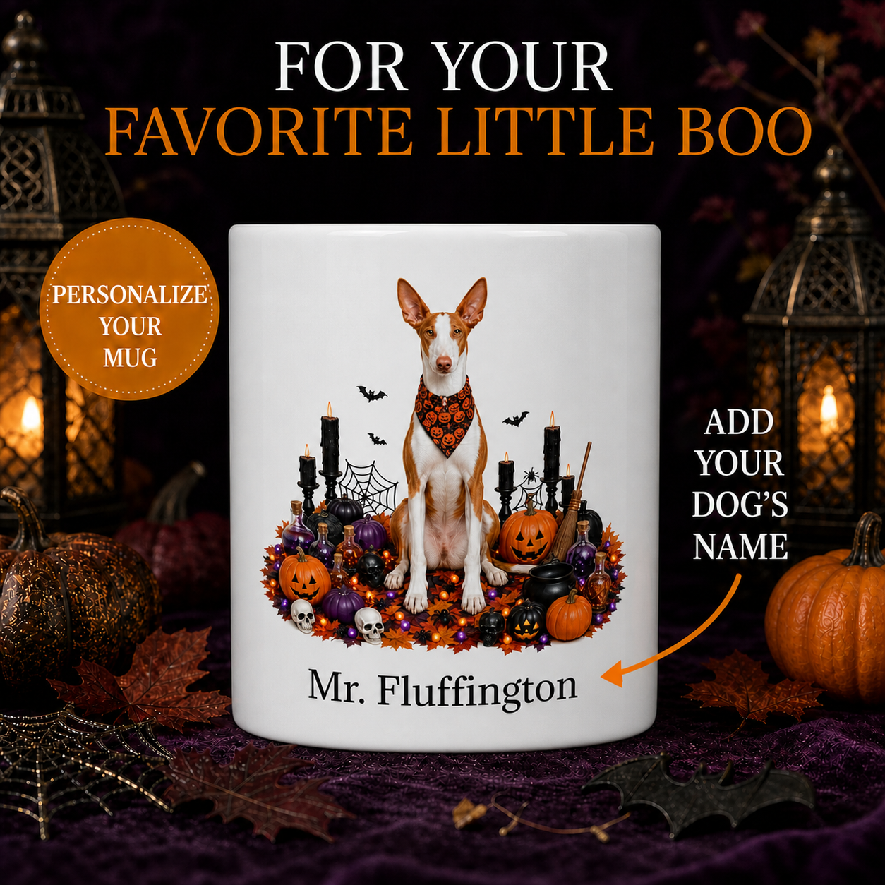 Personalized Ibizan Hound Halloween Mug – Custom Dog Name Gift – front view with no handle