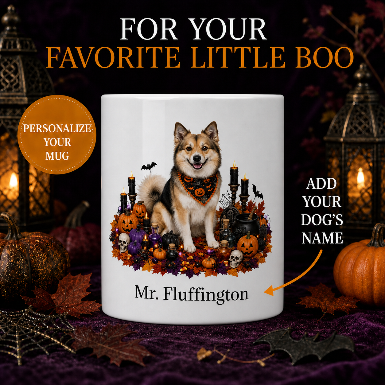 Personalized Icelandic Sheepdog Halloween Mug – Custom Dog Name Gift – front view with no handle