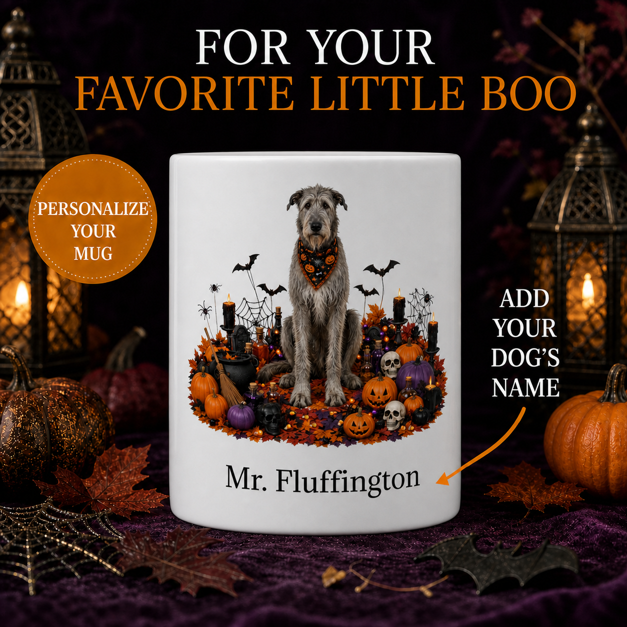 Personalized Irish Wolfhound Halloween Mug – Custom Dog Name Gift – front view with no handle