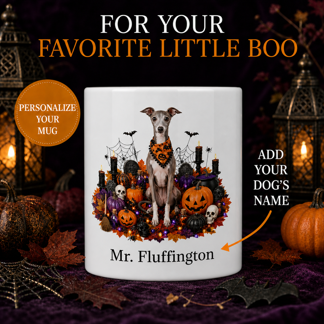 Personalized Italian Greyhound Halloween Mug – Custom Dog Name Gift – front view with no handle