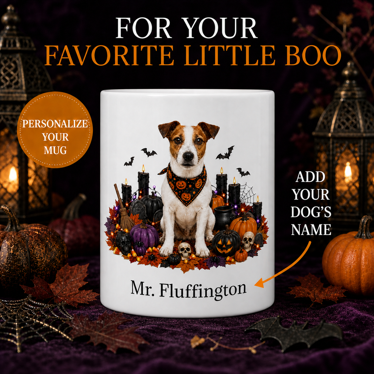 Personalized Jack Russell Terrier Halloween Mug – Custom Dog Name Gift – front view with no handle
