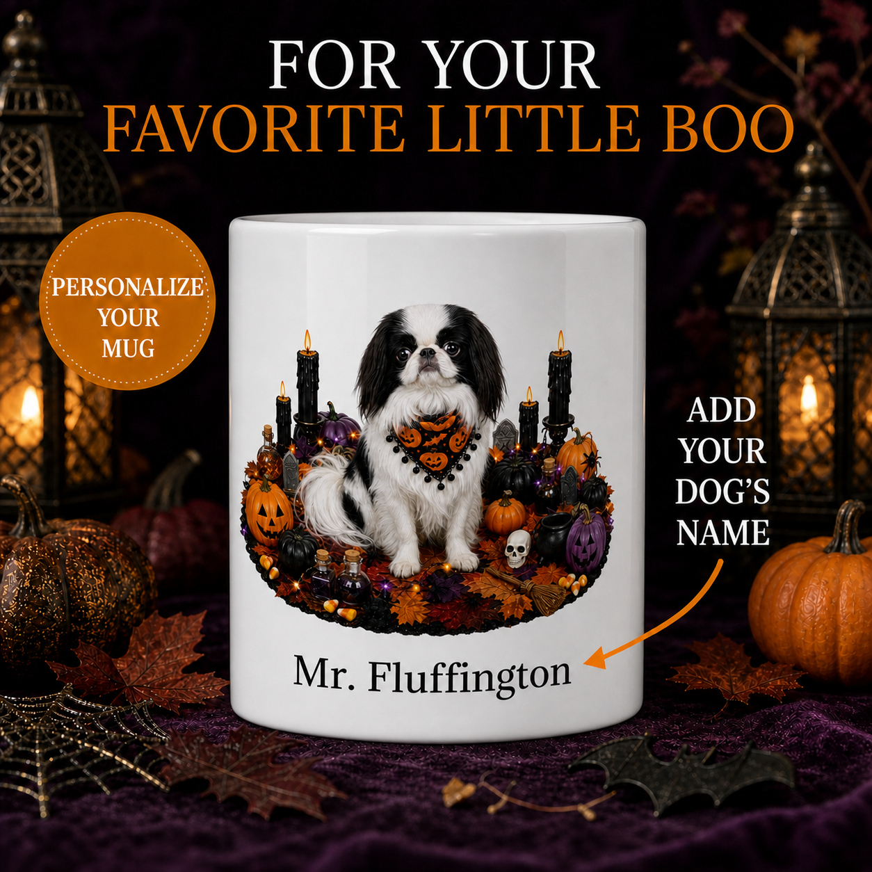 Personalized Japanese Chin Halloween Mug – Custom Dog Name Gift – front view with no handle