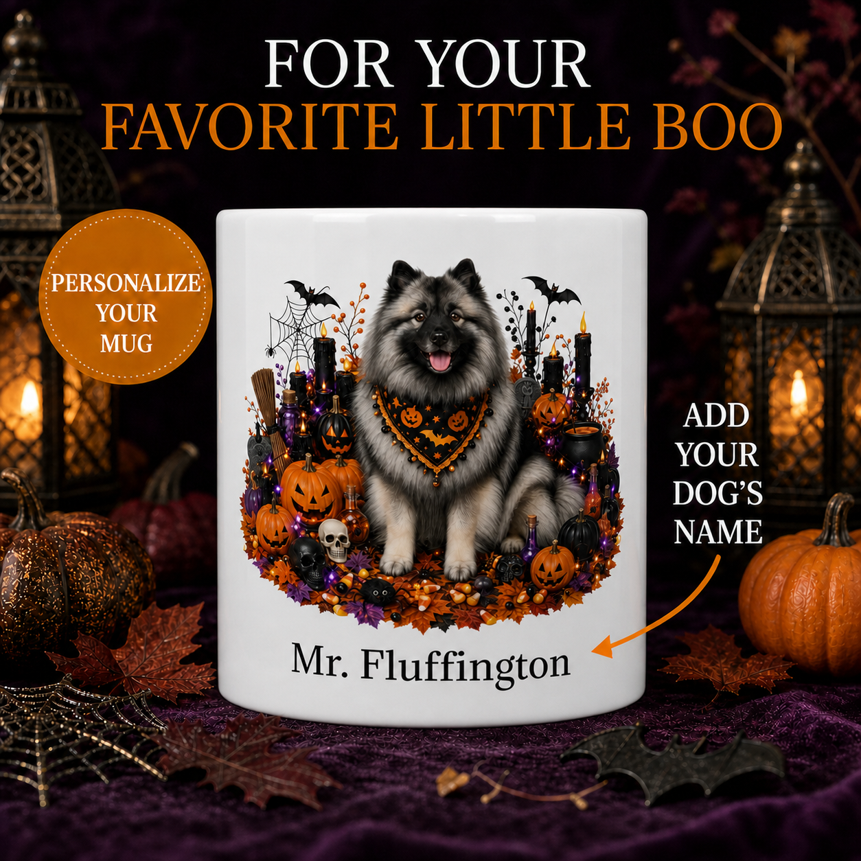 Personalized Keeshond Halloween Mug – Custom Dog Name Gift – front view with no handle