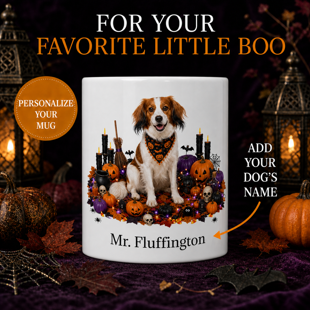 Personalized Kooikerhondje Halloween Mug – Custom Dog Name Gift – front view with no handle